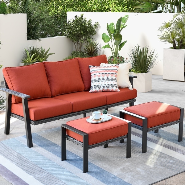 OVIOS Outdoor 3piece Wicker Sectional Sofa Set With Ottoman Steel Frame