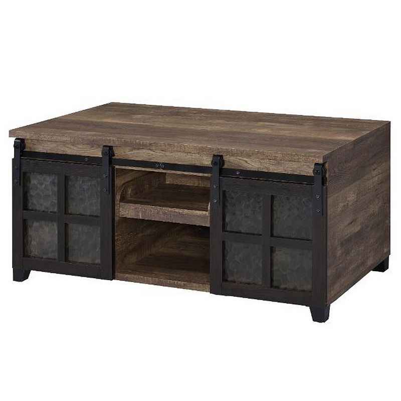 Coffee Table with 2 Barn Sliding Glass Doors and Pull Out Tray， Brown