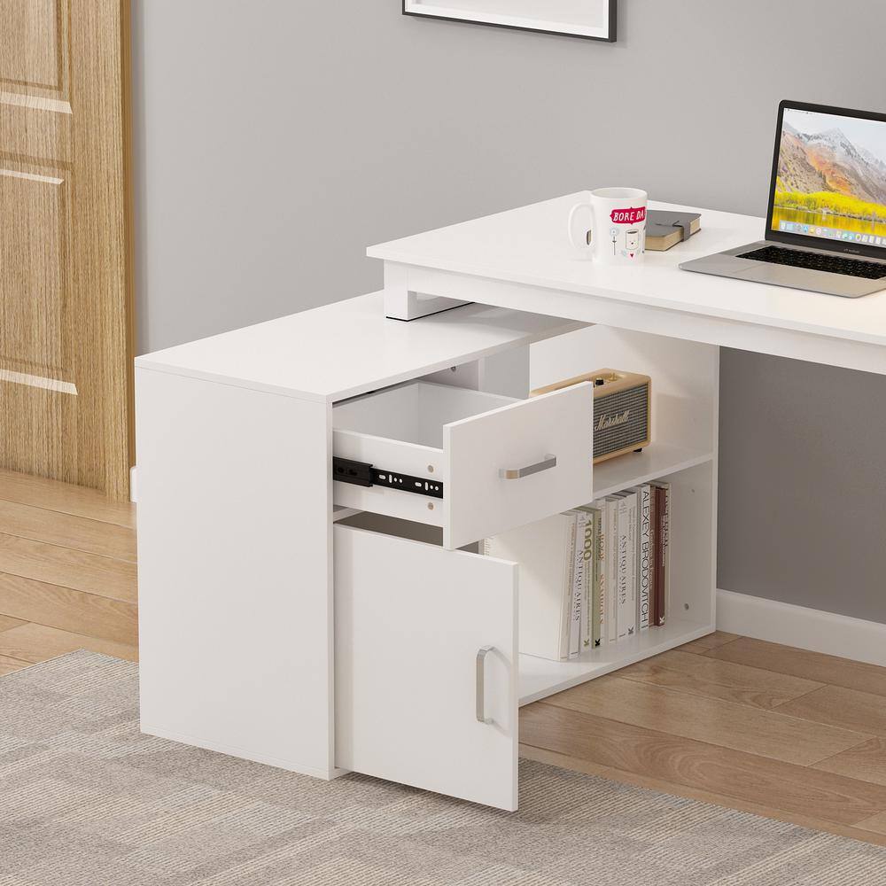 FUFUGAGA L-Shaped Wooden Computer Desk White Finish with 1 Drawer Open Shelves and Eco-Friendly Paint Finish 55.1 in. W LBB-KF210175-01