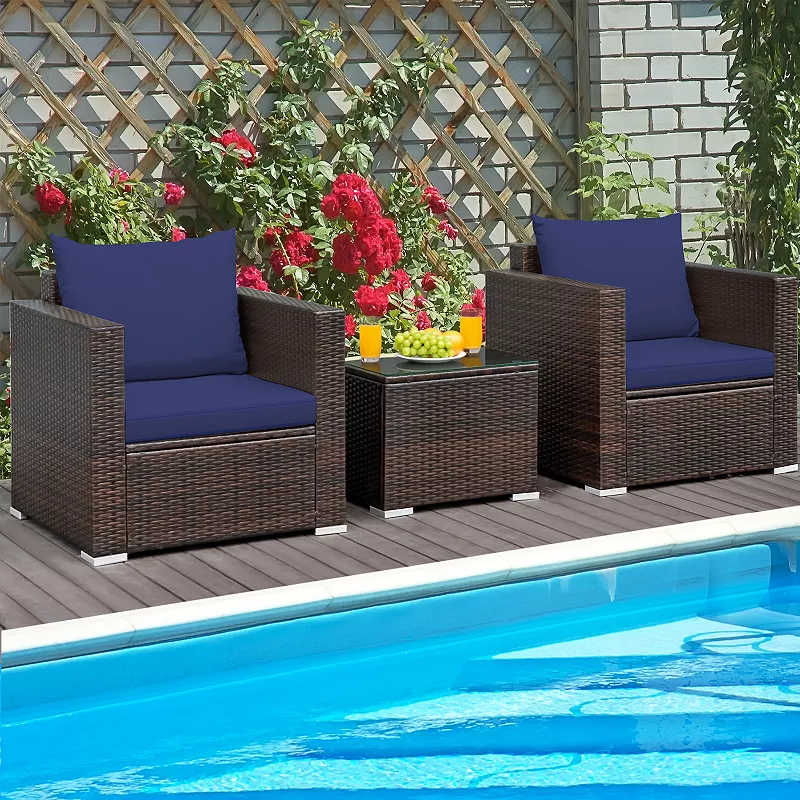 3 Pcs Patio Conversation Rattan Furniture Set with Cushion