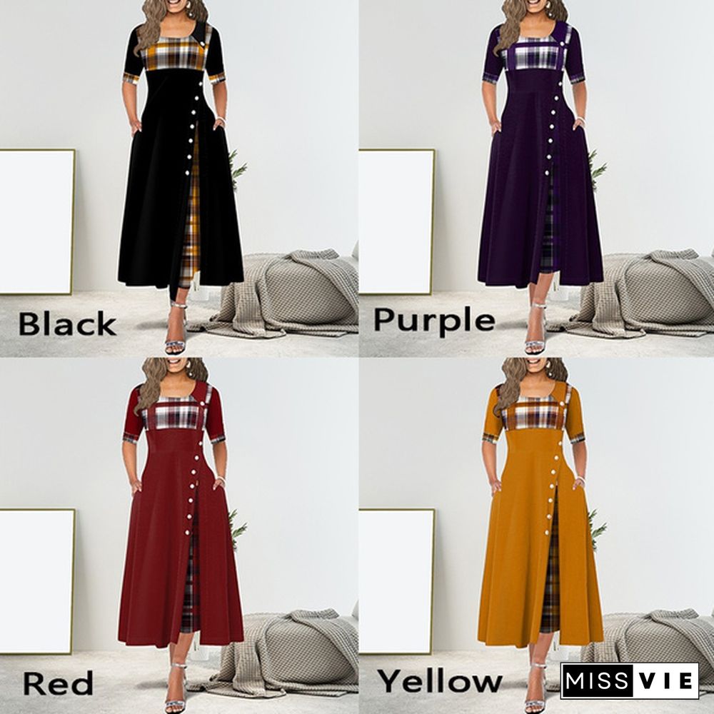 New Women Short Sleeve Plaid Print Elegant Dress Comfy Round Neck High Waist Long Skirt Retro Button Design Maxi Dress Daily Casual Dress Plus Size