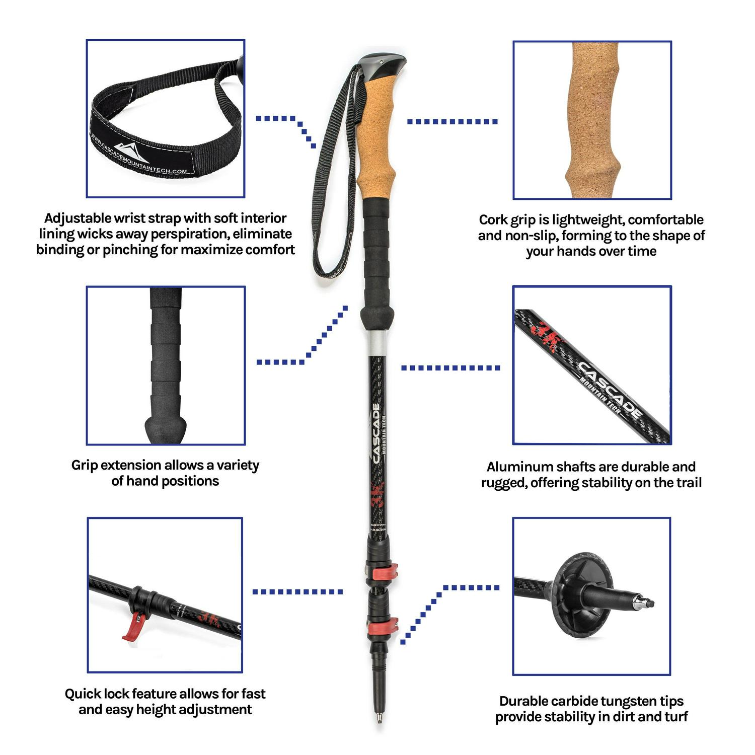 Cascade Mountain Tech 3K Carbon Fiber Quick Lock Cork Grip Trekking Poles  Collapsible Walking or Hiking Stick