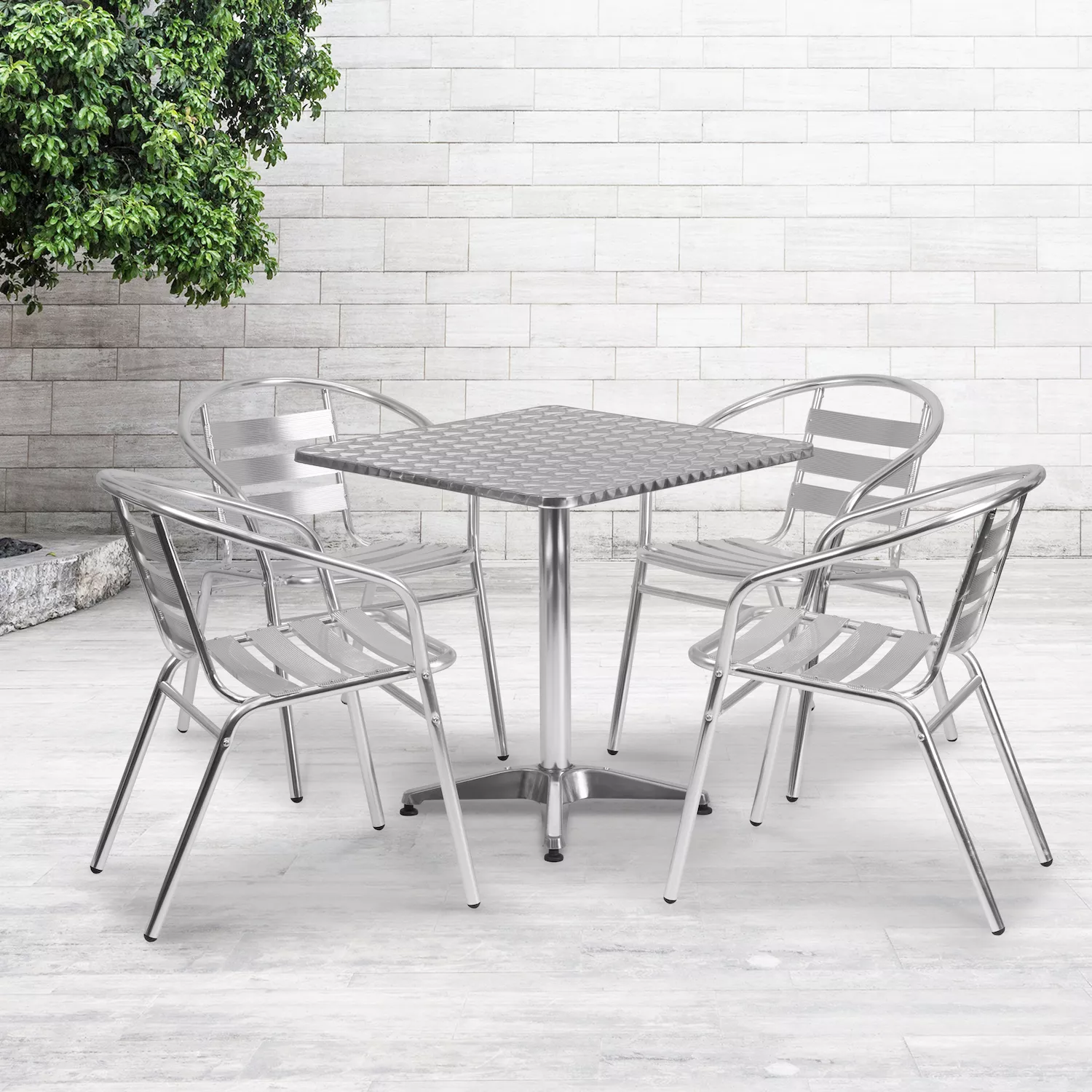 Emma and Oliver 27.5 Square Aluminum Table Set with 4 Slat Back Chairs