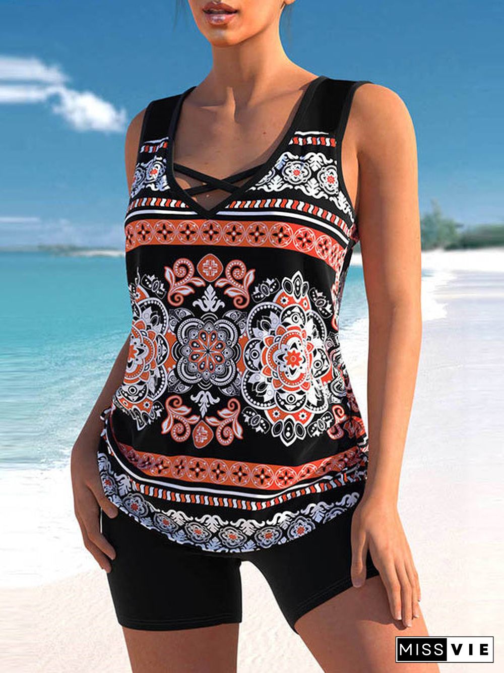 Tribal Printed Wide Straps Cross Strap Tankini Set