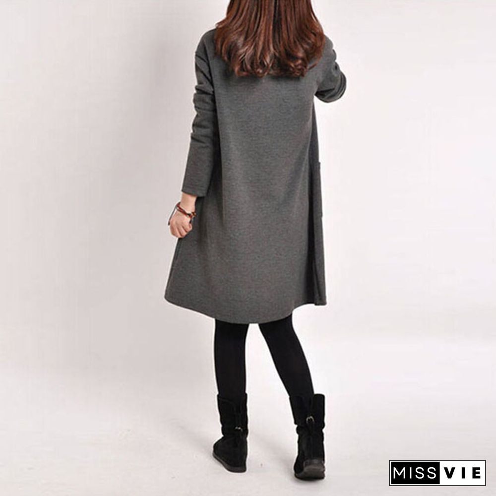 5 color Women Winter Long Loose Casual Cotton Pregnancy Dress Sleeve Pocket Tunic Tops