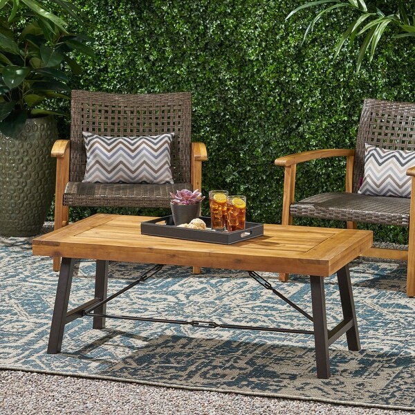 Outdoor Acacia Wood Coffee Table，Teak Finish / Rustic Metal Brown and Black，27.25