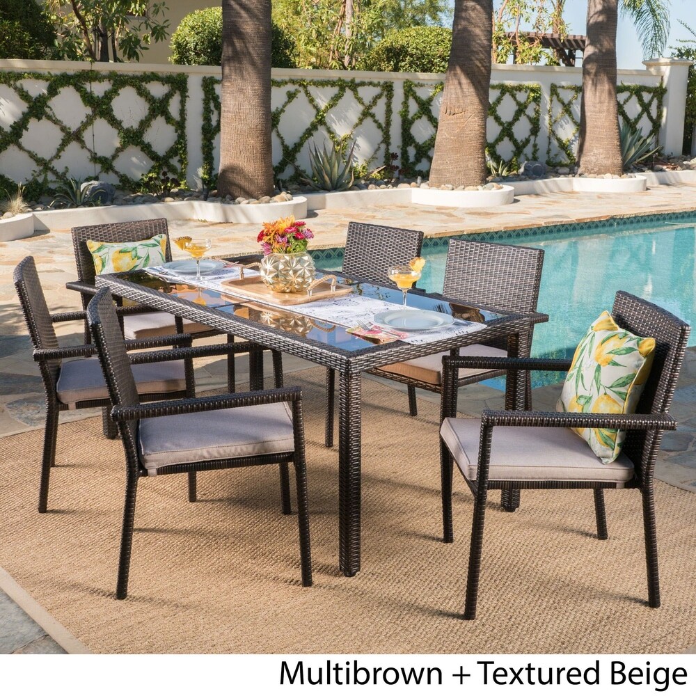 San Pico Outdoor 7 piece Rectangular Wicker Tempered Glass Dining Set with Cushions by Christopher Knight Home