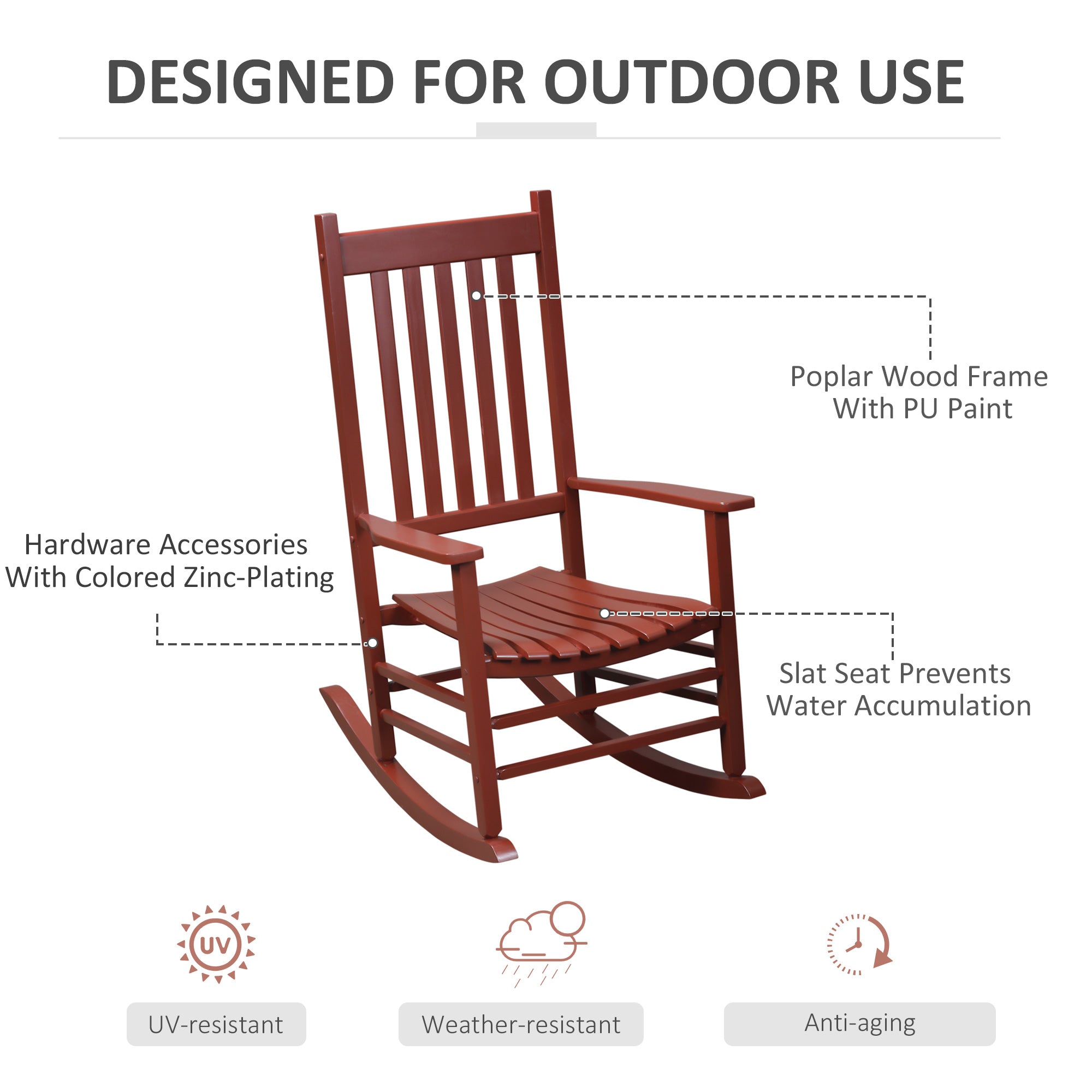 Outsunny Outdoor Rocking Chair, Wooden Rocking Patio Chairs with Rustic High Back, Slatted Seat and Backrest for Indoor, Backyard, Garden, Wine Red