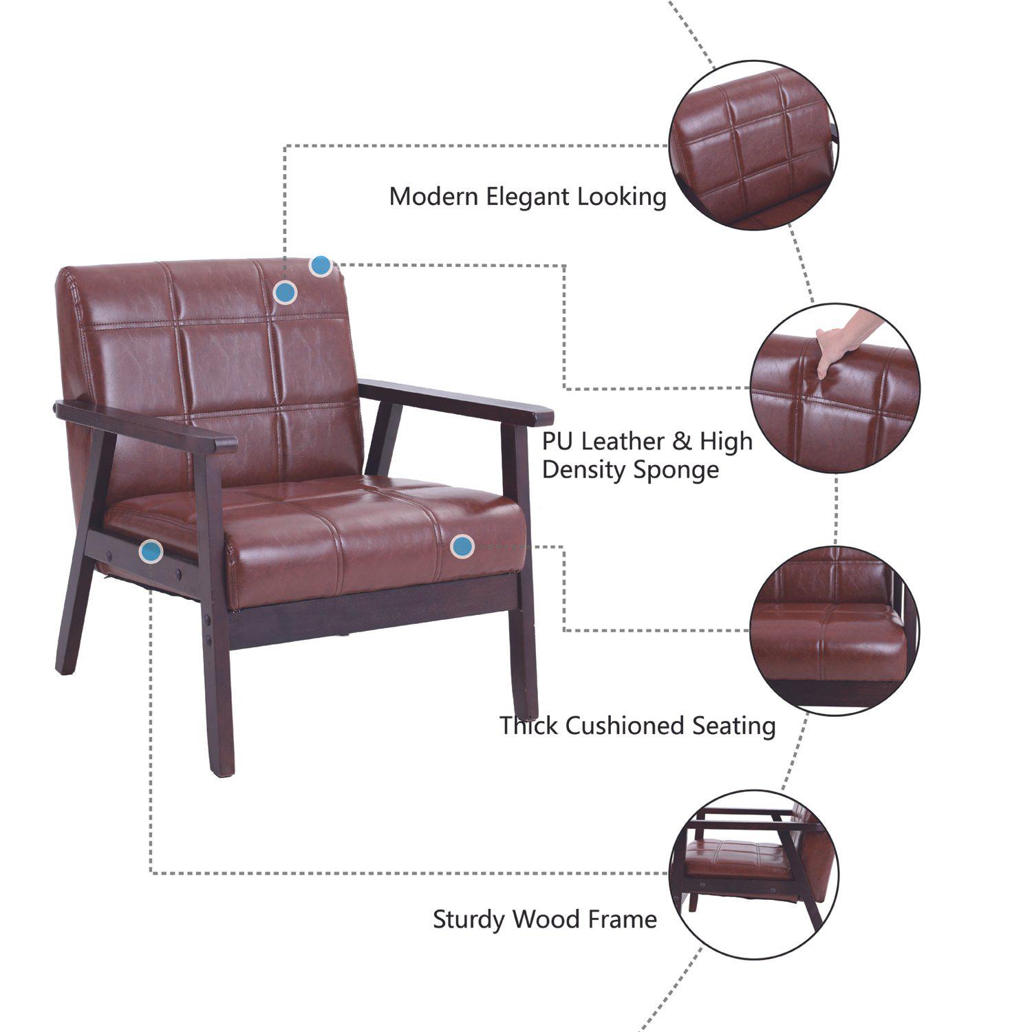 MF Studio Modern Wooden Single Armchair MidCentury Retro Faux Leather Armrest Accent chair for Living RoomBrown  Crowdfused