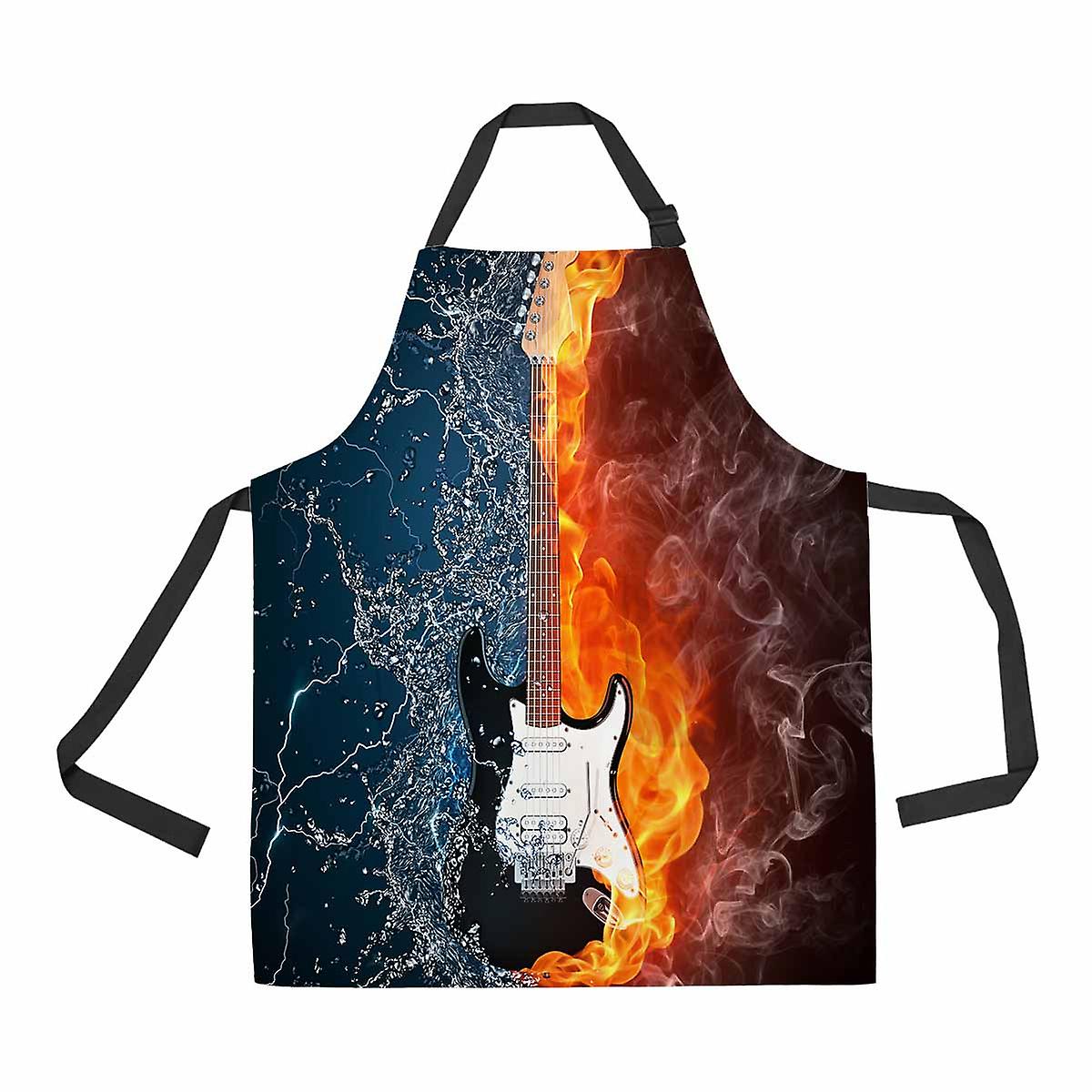 Electric Guitar In Fire And Water Unisex Adjustable Bib Apron With Pockets For Commercial Restaurant And Home Kitchen Use