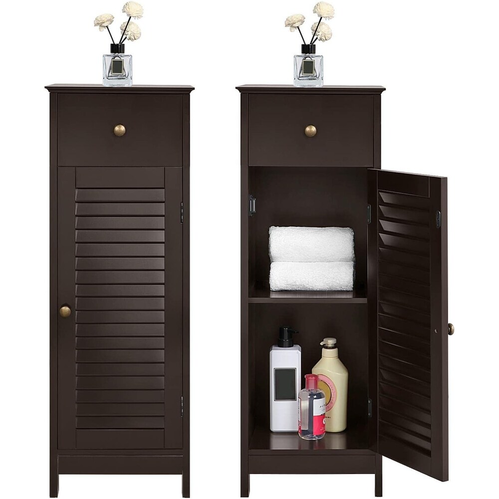 Bathroom Floor Storage Cabinet  Wooden Free Standing Storage Organizer Unit with Drawer and Door Cabinet  Tall Side Table