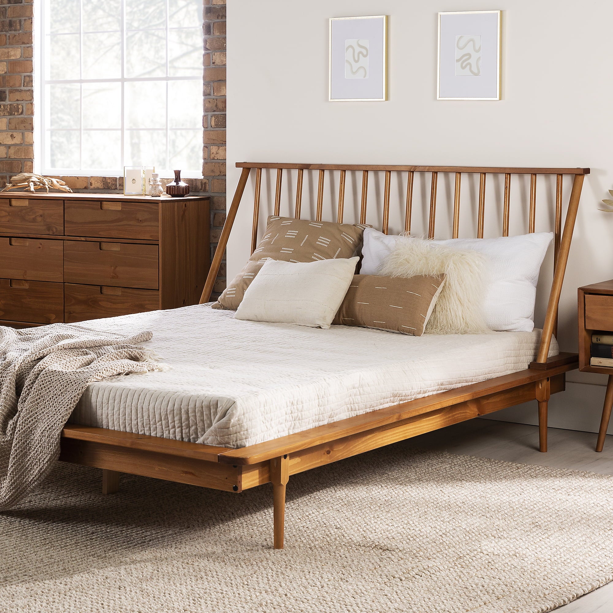 Desert Fields Modern Boho Queen Size Solid Wood Platform Bed, Caramel