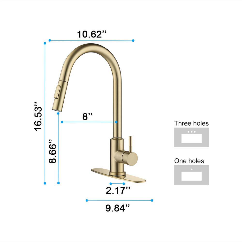 FLG Single Handle Touch On Pull Down Sprayer Kitchen Faucet with Pull Out Spray Wand Stainless Steel Taps in Brushed Gold DD-0027-BG