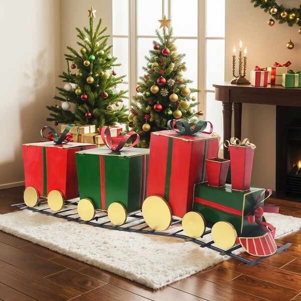 Merry Christmas Charm: A Festive Iron Train Adorned with GiftShaped Carriages，Bringing Joy to Your Holiday Decor