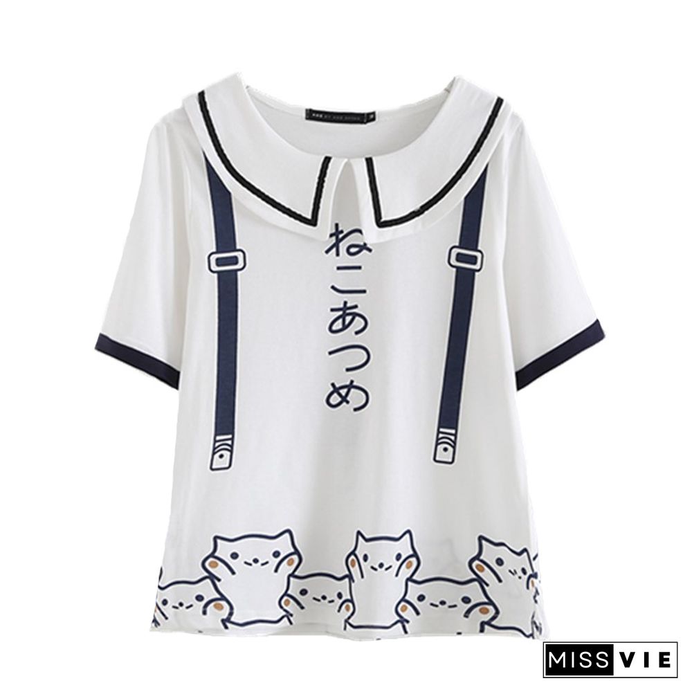 Cartoon Kitty Print Doll Collar T-Shirt