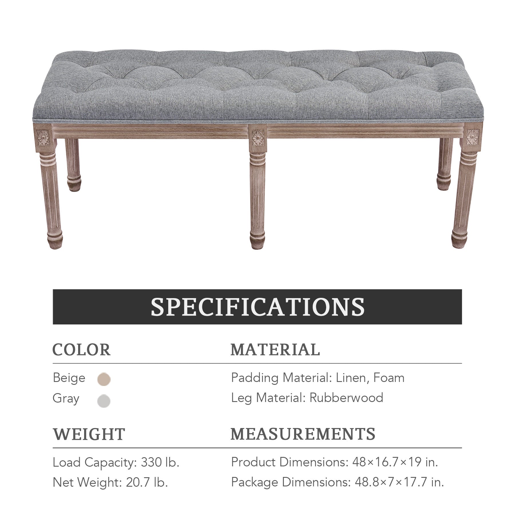 Bestco Linen Upholstered Bench for Entryway Bedroom Living Room 48