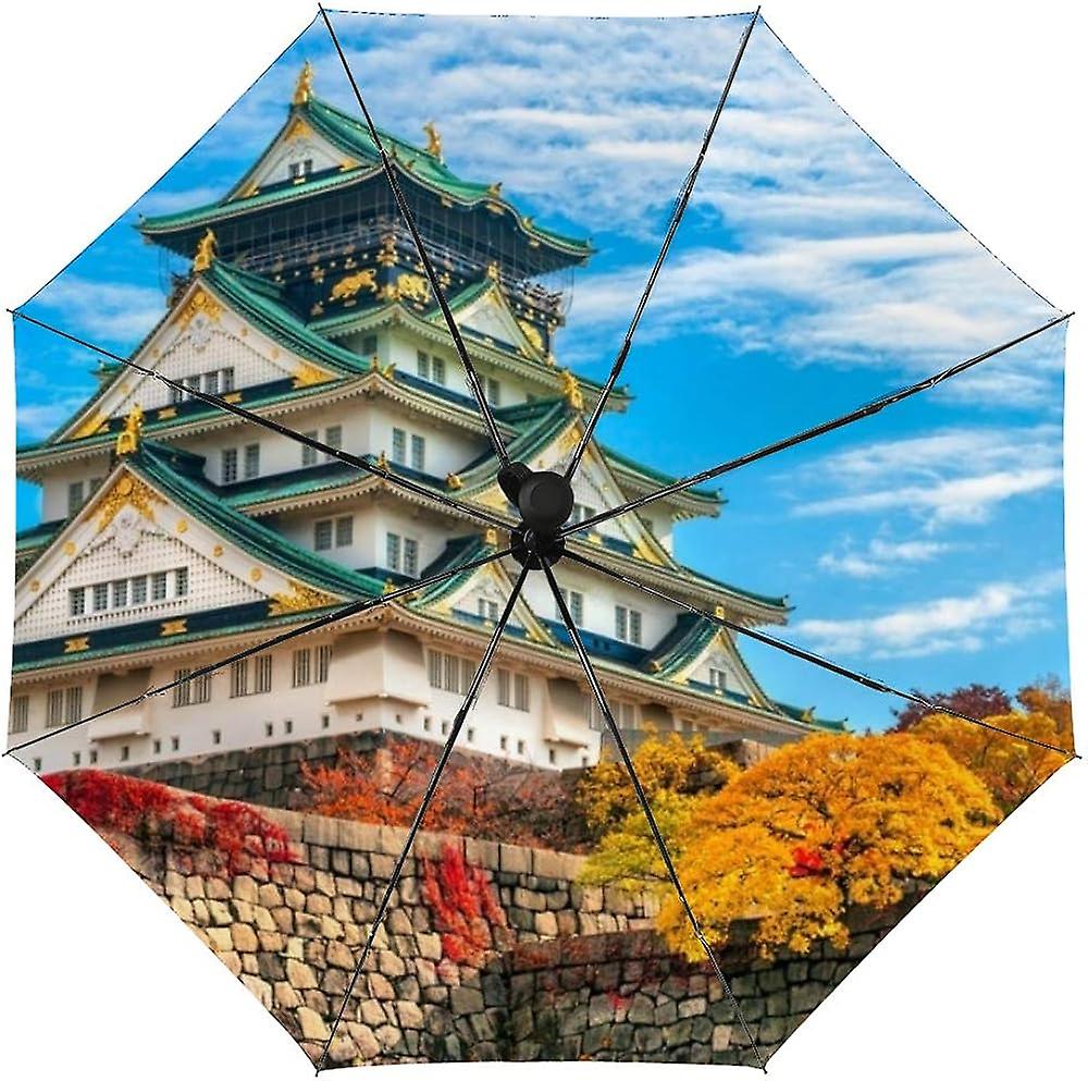 Colourlife Travel Umbrella Castle In Osaka With Autumn Leaves Automatic Windproof Foldable Umbrella For Sun and Rain