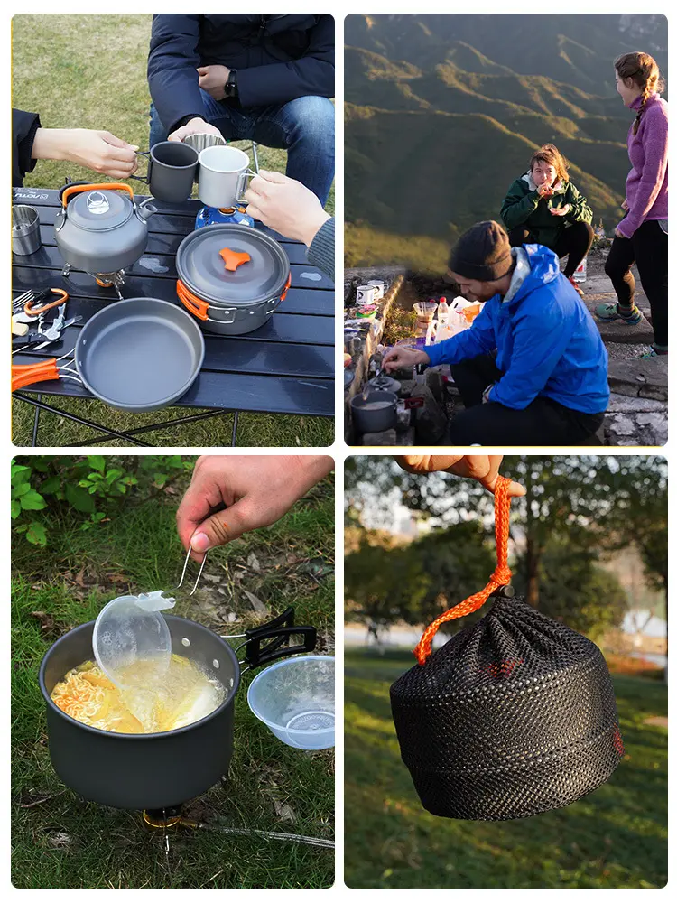 Portable Folding Stainless Steel Utensils Outdoor Cooking Equipment Teapot Kettle Aluminum Camping Cookware Set