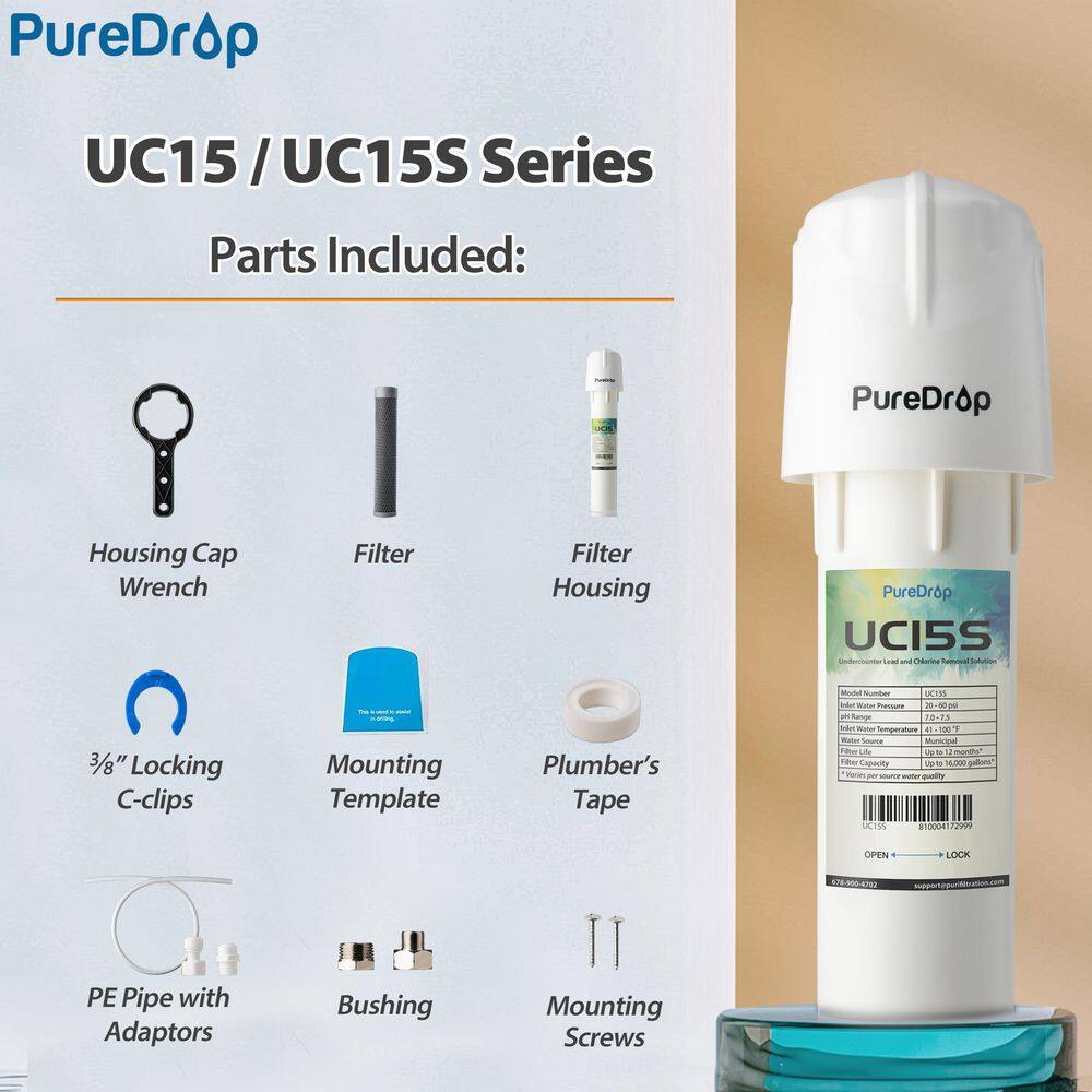 PureDrop UC15S Water Filter Under Sink 10K Gal. Capacity Chlorine Odor Bad Taste Heavy Metals and Sediment Fast Flow UC15S