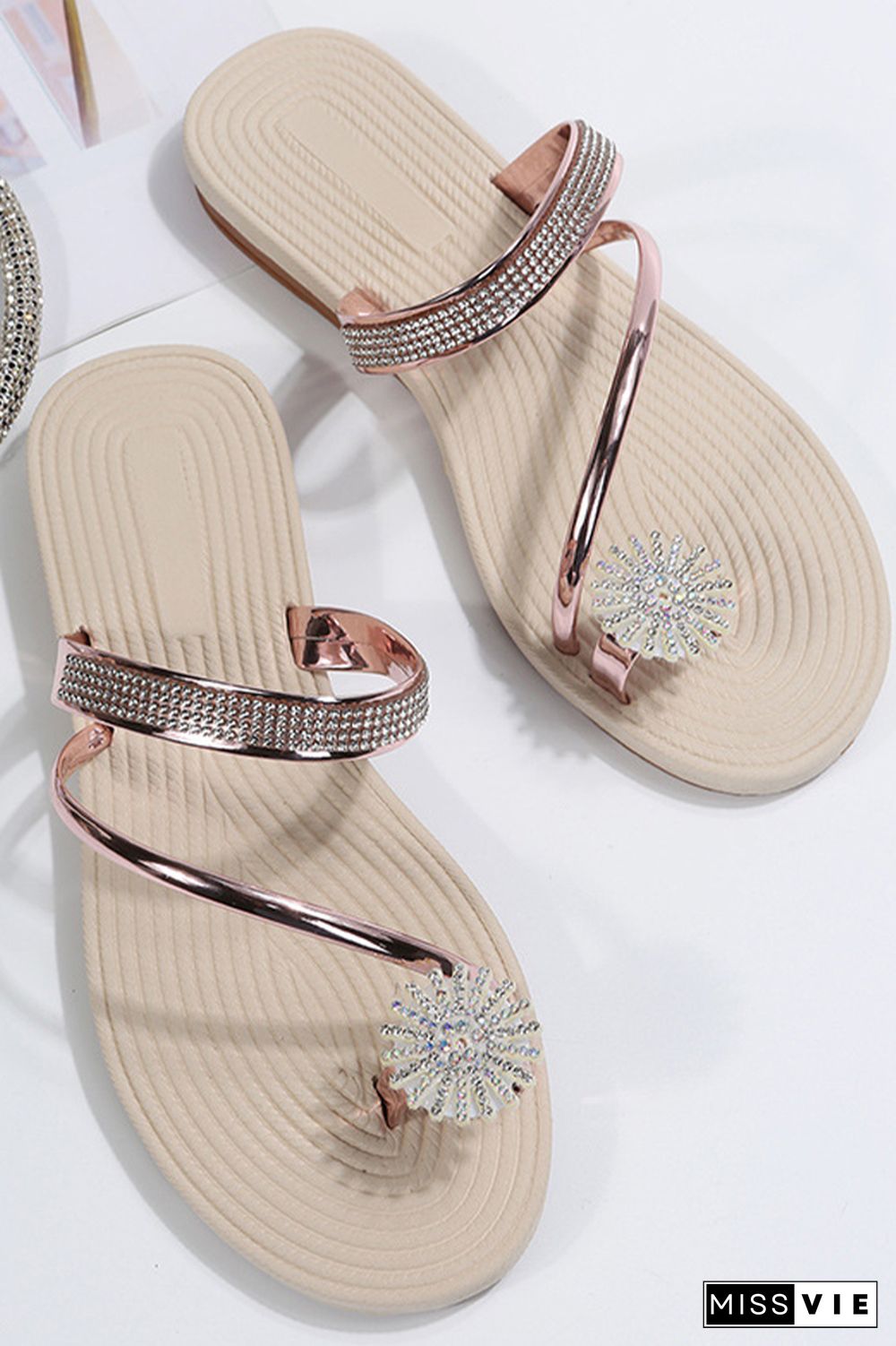 Rhinestone Toe Ring Flat Sandals