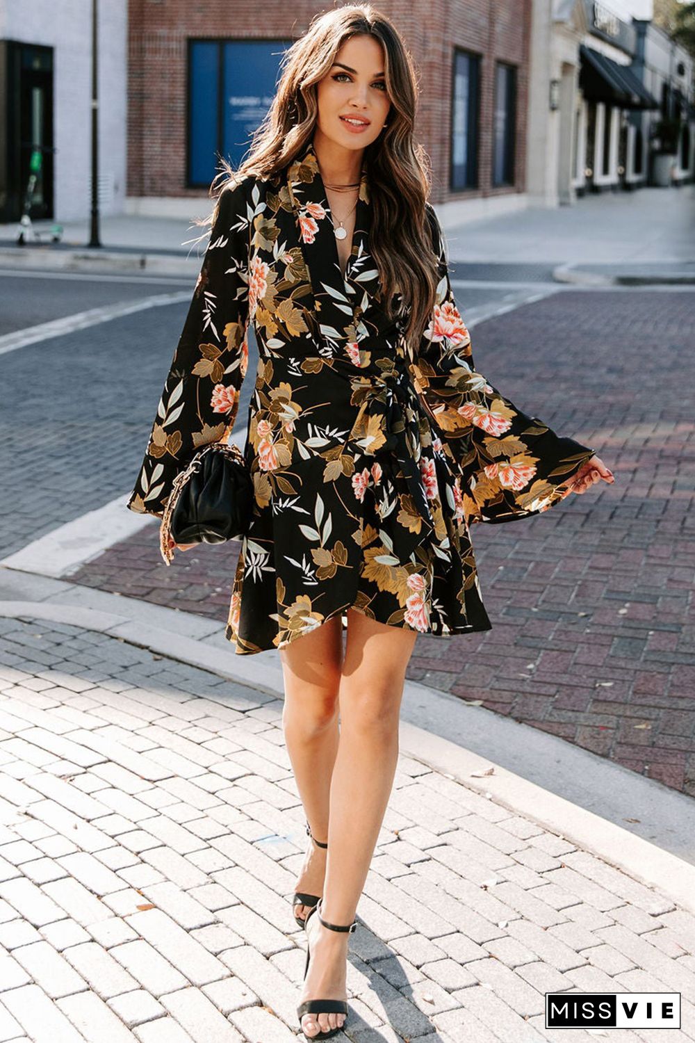 Black Palazzo Floral Ruffle Wrap Dress