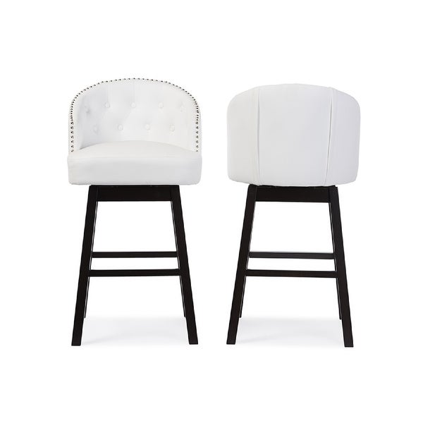 Avril Modern and Contemporary White Faux Leather Tufted Swivel Barstools with Nailhead Trim， Set of 2