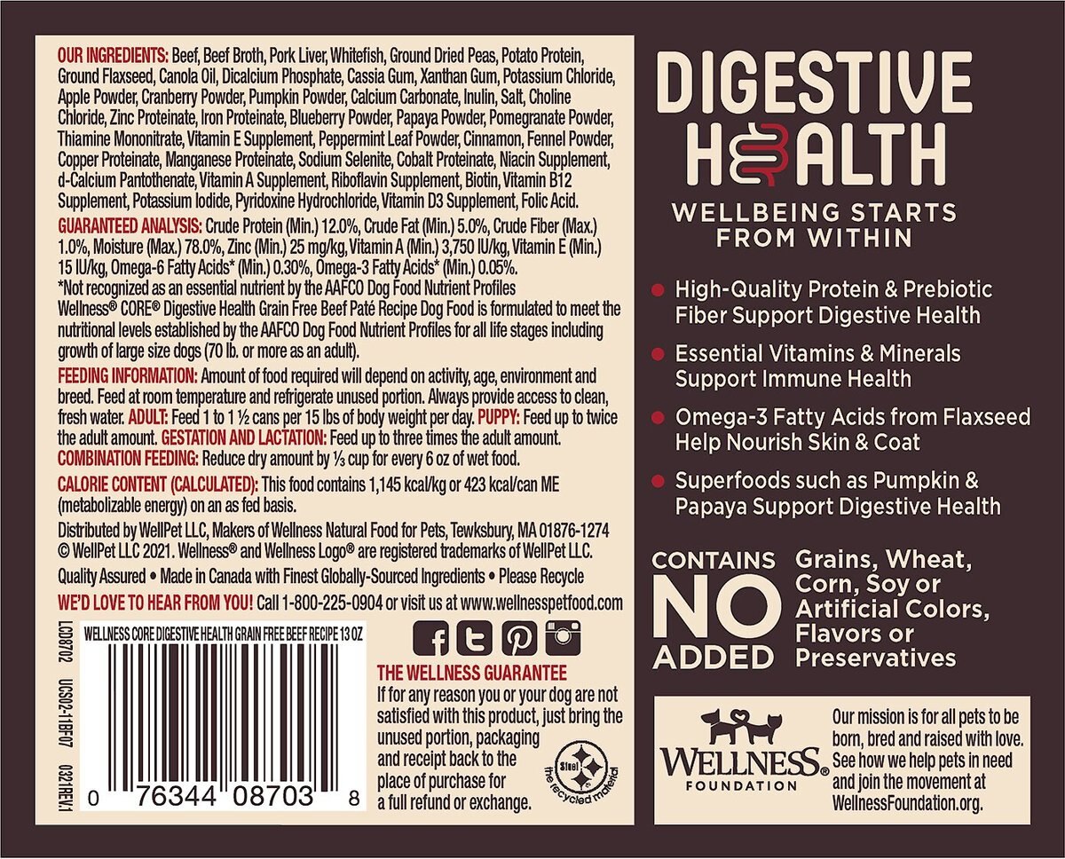 Wellness CORE Digestive Health Beef Recipe Grain-Free Wet Dog Food， 13-oz， case of 12