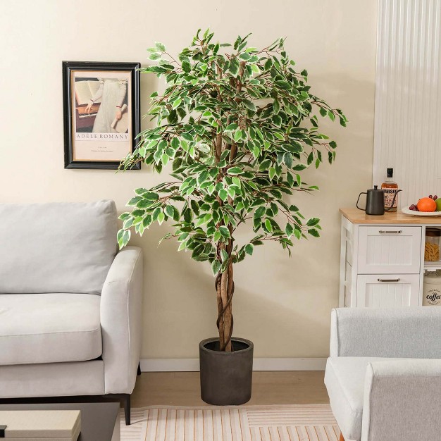 Costway 63 Inch Artificial Ficus Tree Faux Indoor Plant In Nursery Pot For Decoration