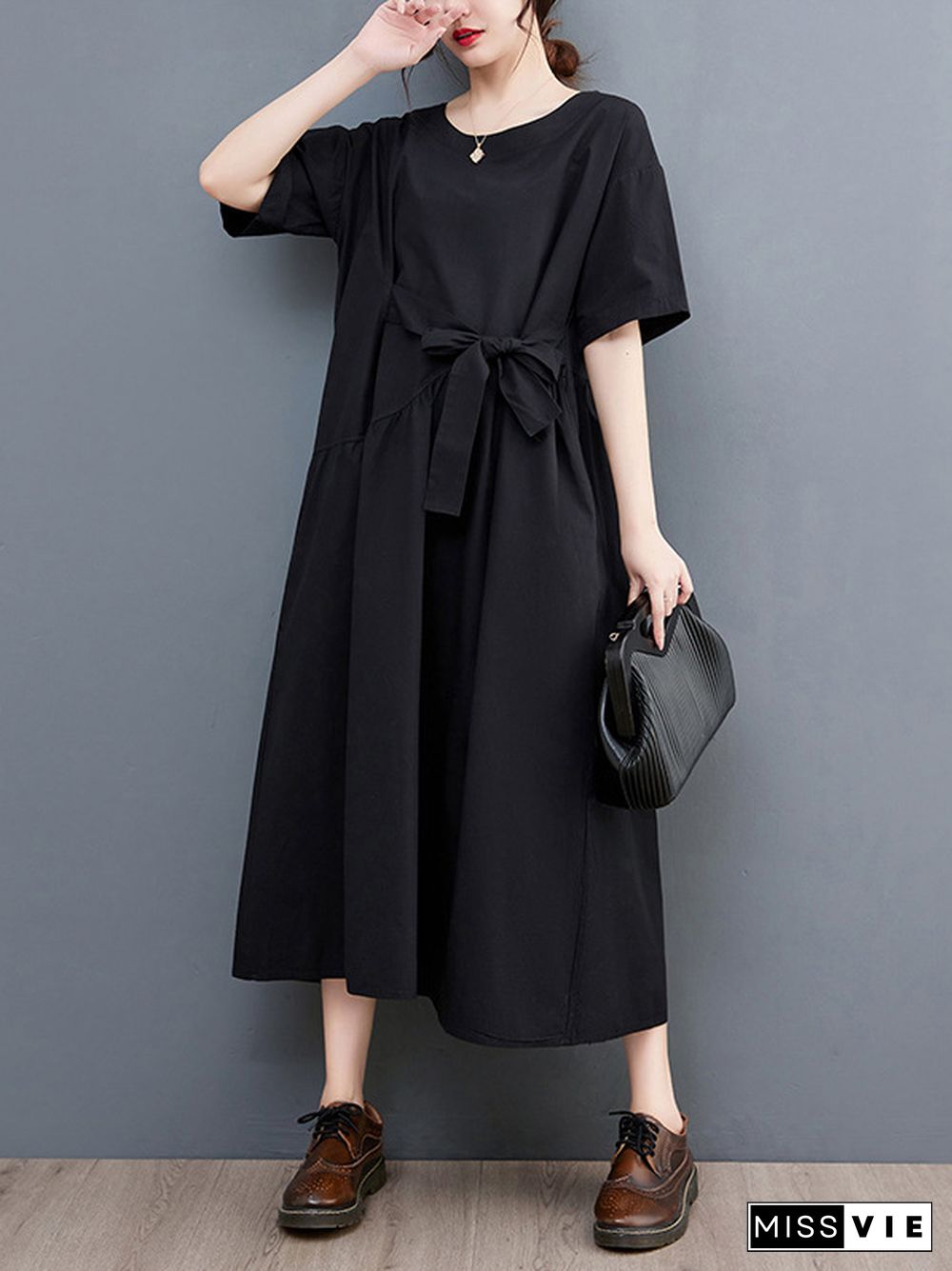 Casual Half Sleeves Loose Solid Color Round-Neck Midi Dresses