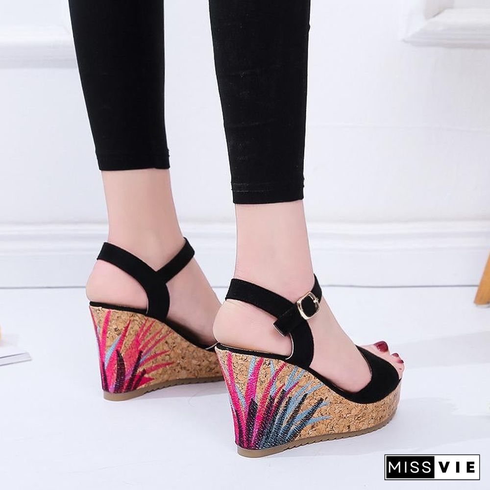 Women Graffiti Wedge Sandals PU Leather High Heels Suede Sandals Shoes