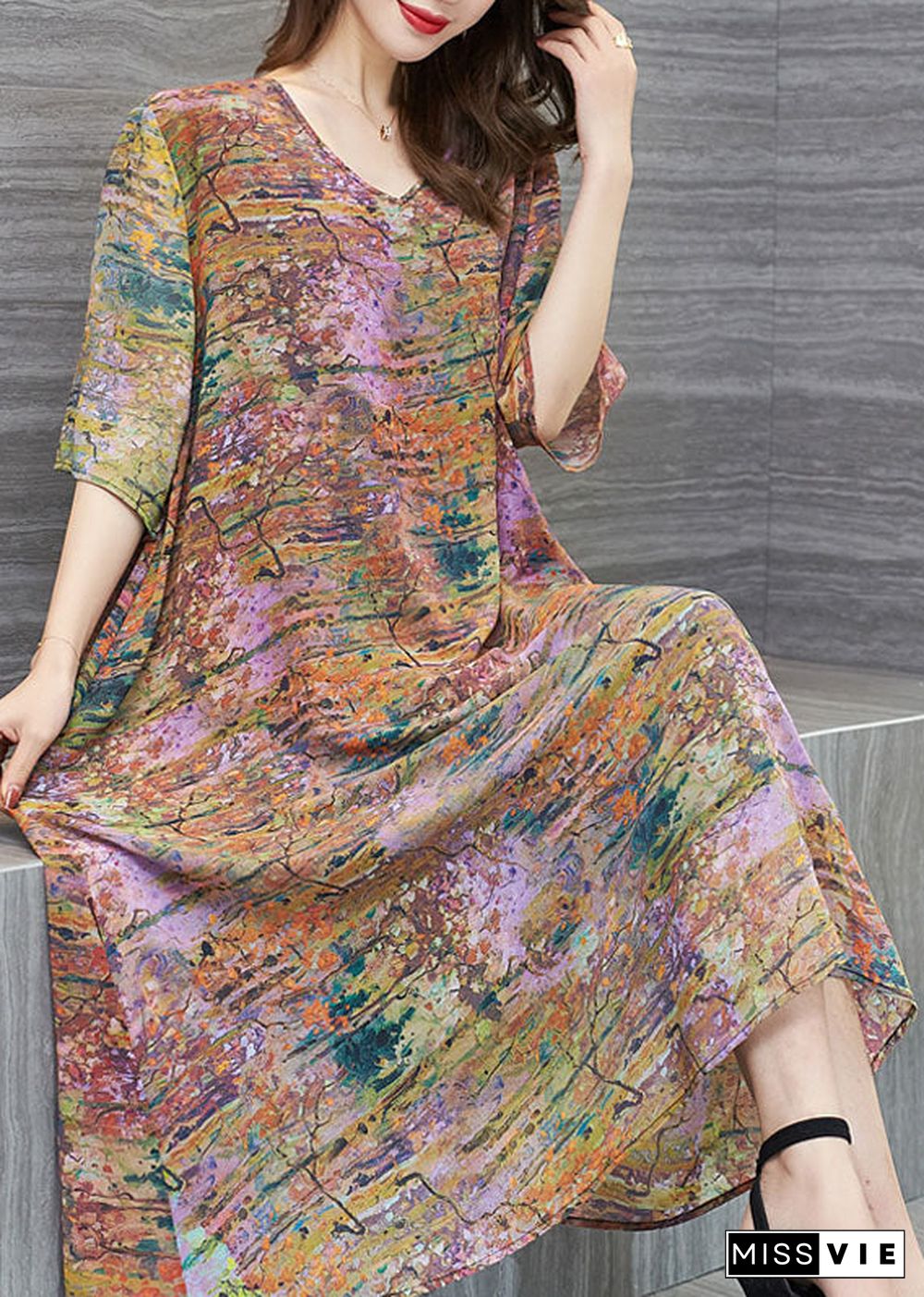 New Floral V Neck Patchwork Chiffon Mid Dress Summer