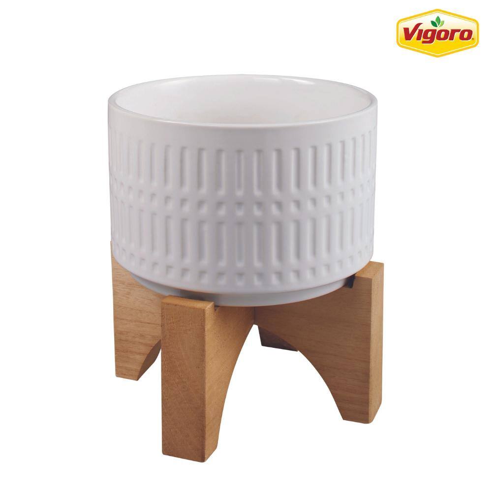 Vigoro 7.5 in. Corrine Small White Ceramic Planter (7.5 in. D x 8.1 in. H) with Wood Stand EM1910-WH