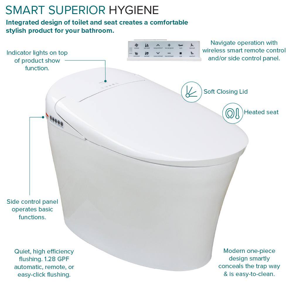 Transolid Ginger 1-Piece 1.28 GPF Single Flush Elongated Smart Toilet Bidet in White TL-77780-A