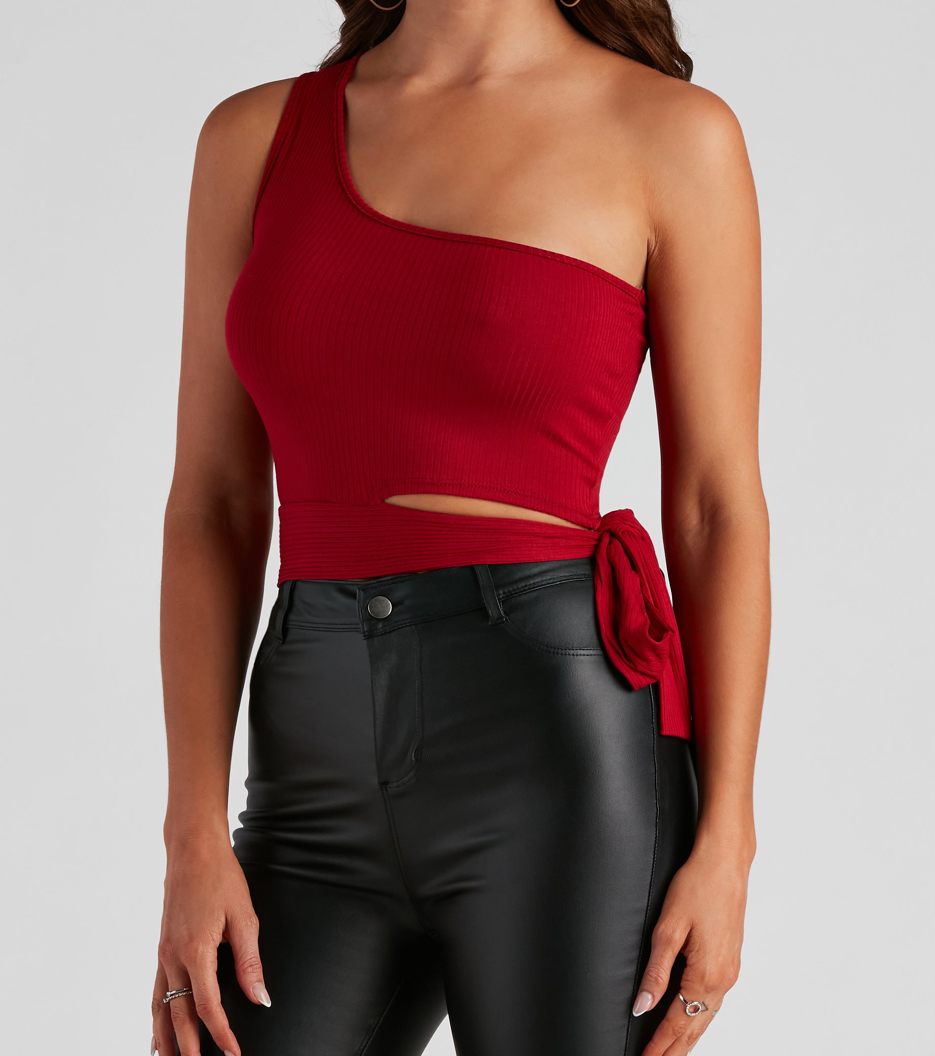 One Shoulder Tie Waist Crop Top