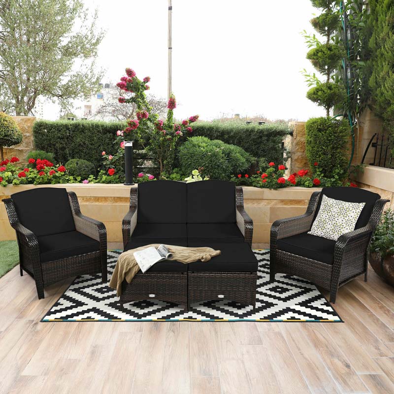 5 Pcs Rattan Wicker Patio Furniture Set with Loveseat, Single Sofas & Ottomans, Outdoor Conversation Sets