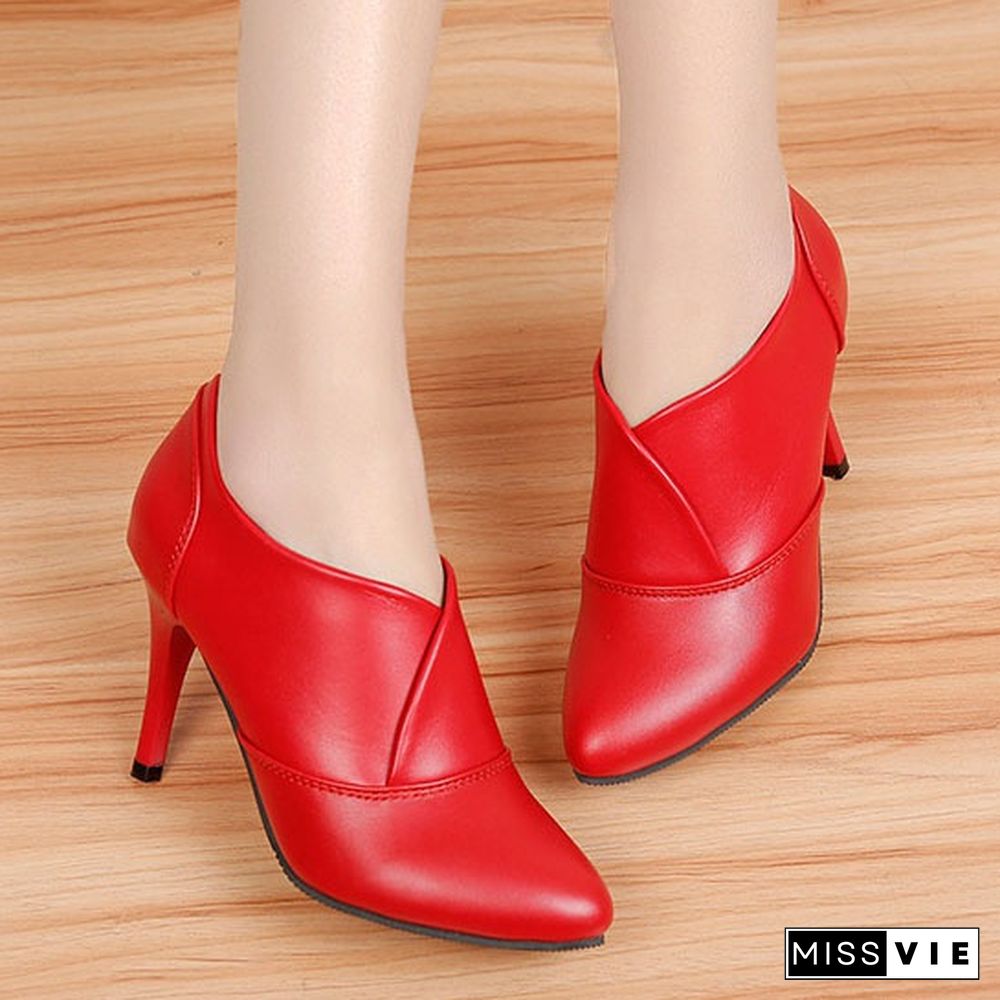 33-41 Fashion Women Leather High Heels Dress Shoes Pointed Toe Ankle Boots Thin Heels Pumps