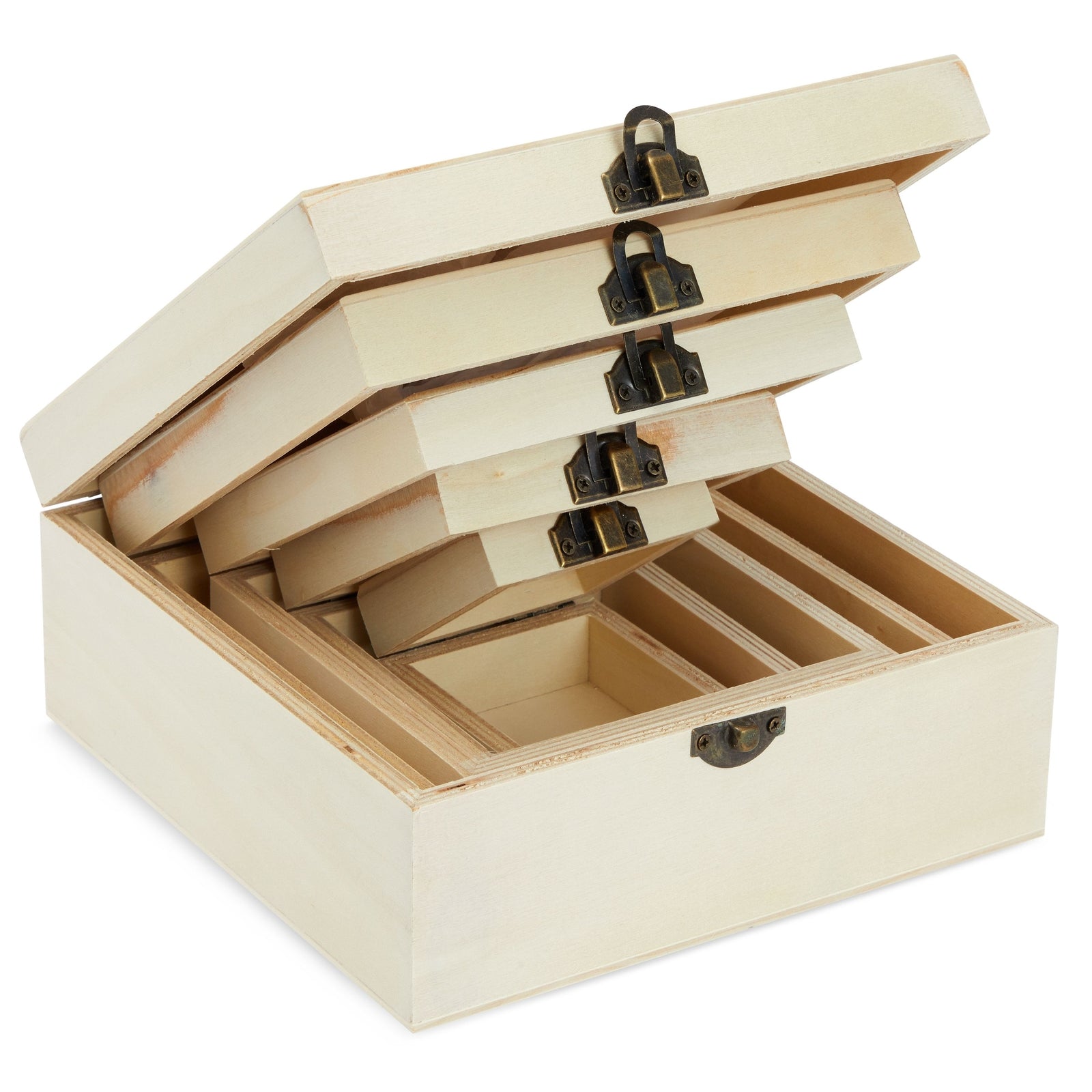 5 Piece Set of Unfinished Natural Wooden Boxes For Crafts with Magnetic Hinged Lid, Painting, Arts and Crafts