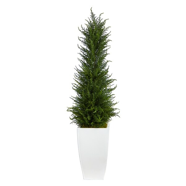 3.5' Cypress Artificial Tree in White Metal Planter