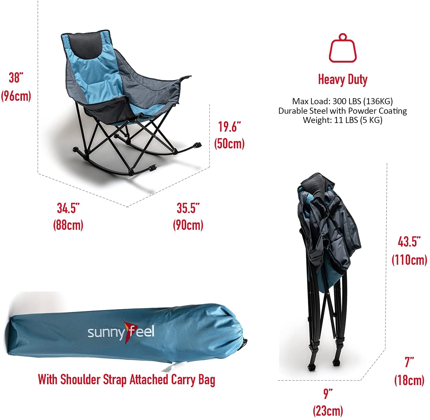 Sunnyfeel Camping Rocking Chair for Adults, Luxury Padded Recliner, Oversized Folding Rocker Lawn Chair (Blue)