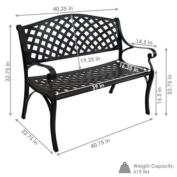 Sunnydaze 2Person Black Checkered Cast Aluminum Outdoor Patio Garden Bench