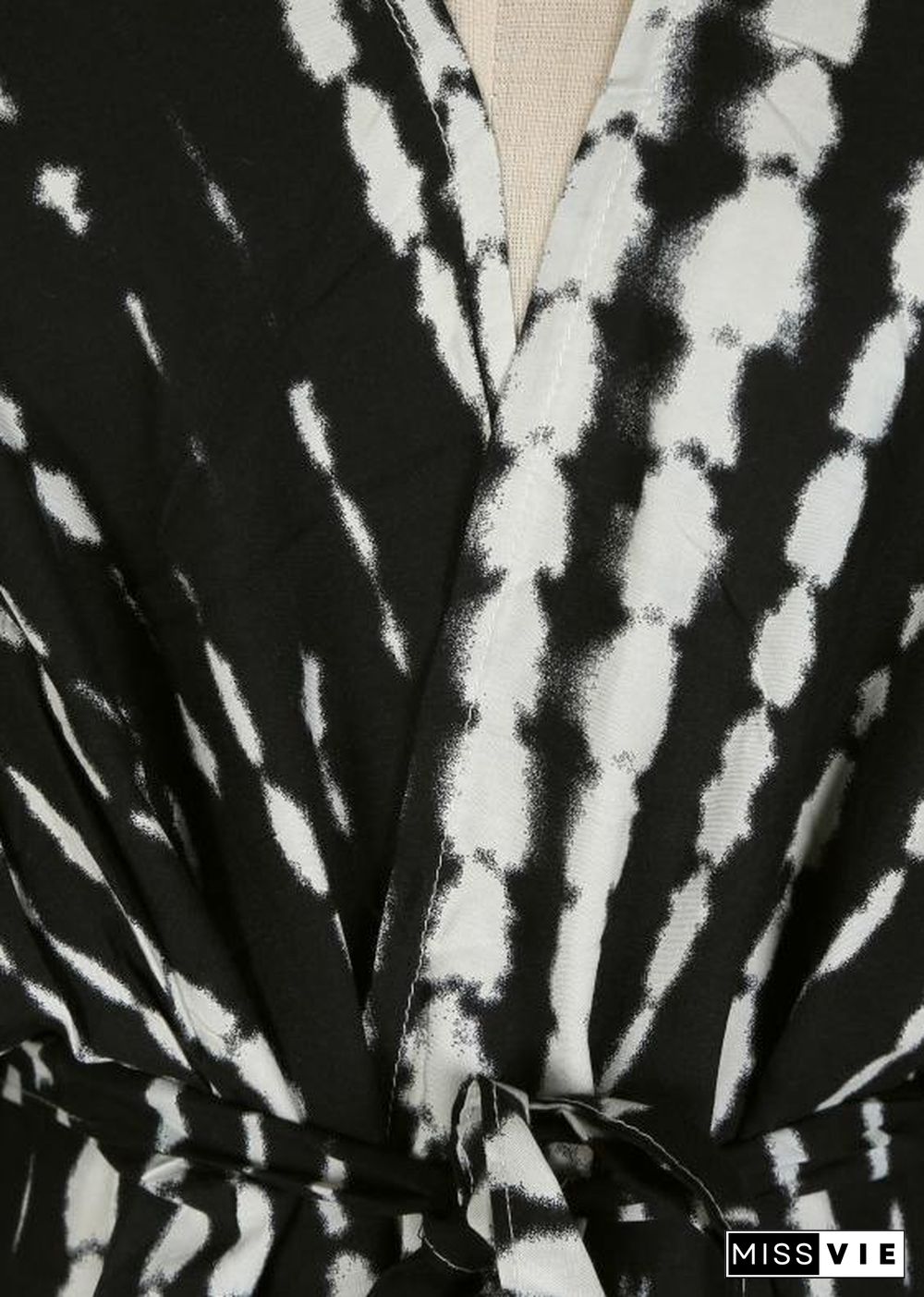 Chic Black White Print tie waist kimono robe Cotton Loose Coat Long