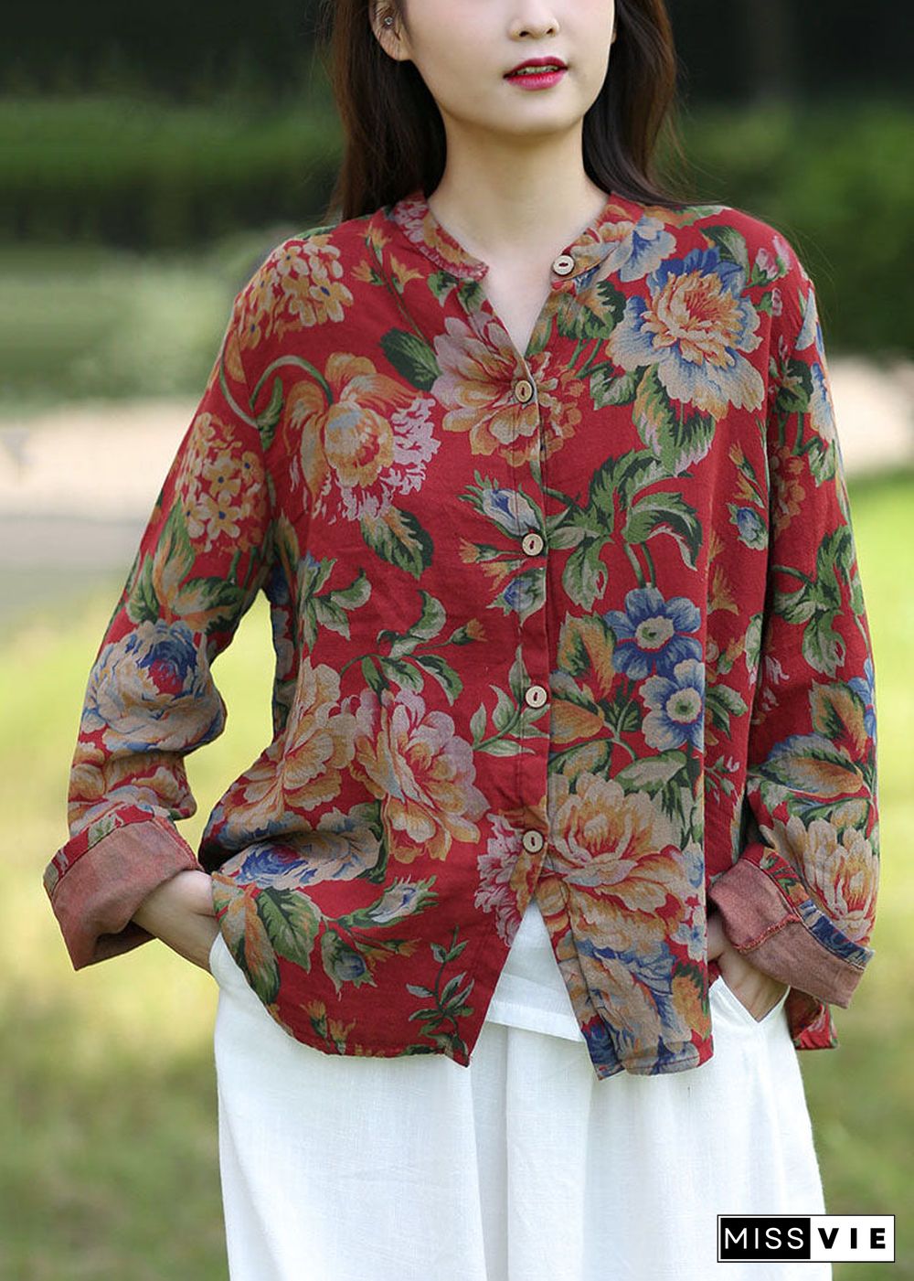 Women Red Print O-Neck Cotton Shirt Top Spring