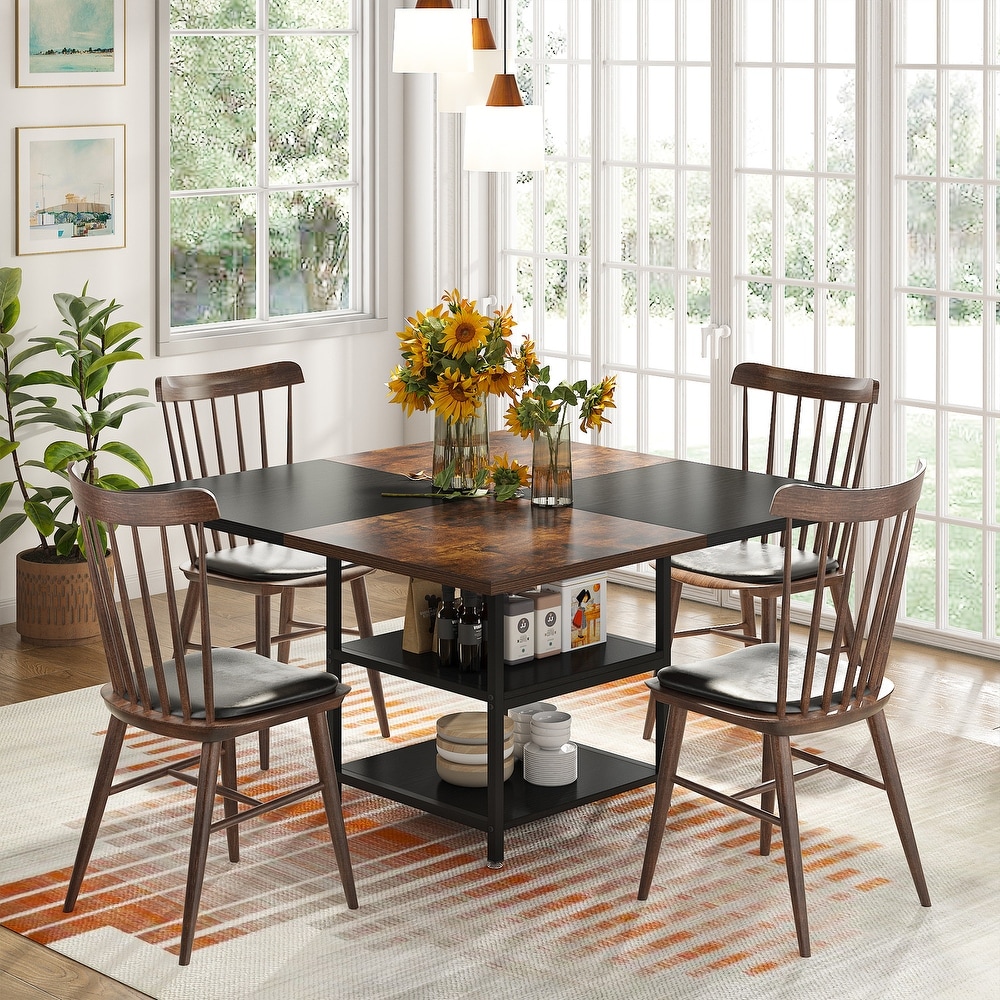 Kitchen Table Dining Table for 4 with Storage Shelf Metal Legs Wood Table Top for Home Dining Room Living Room