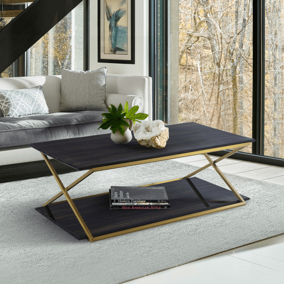 51 quotDark Brown And Gold Rectangular Coffee Table With Shelf   Coffee Tables   by HomeRoots  Houzz