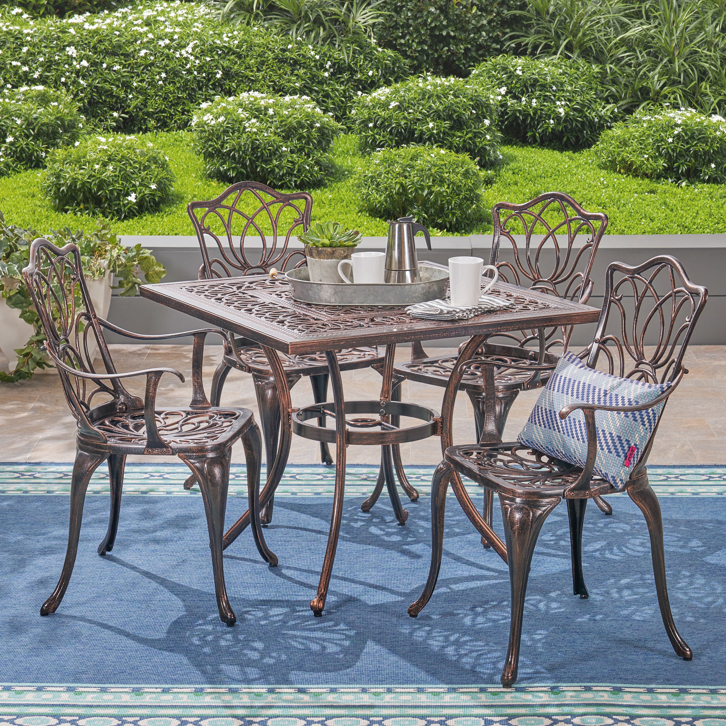 Barbara Outdoor 4-Seater Cast Aluminum Square-Table Dining Set, Shiny Copper