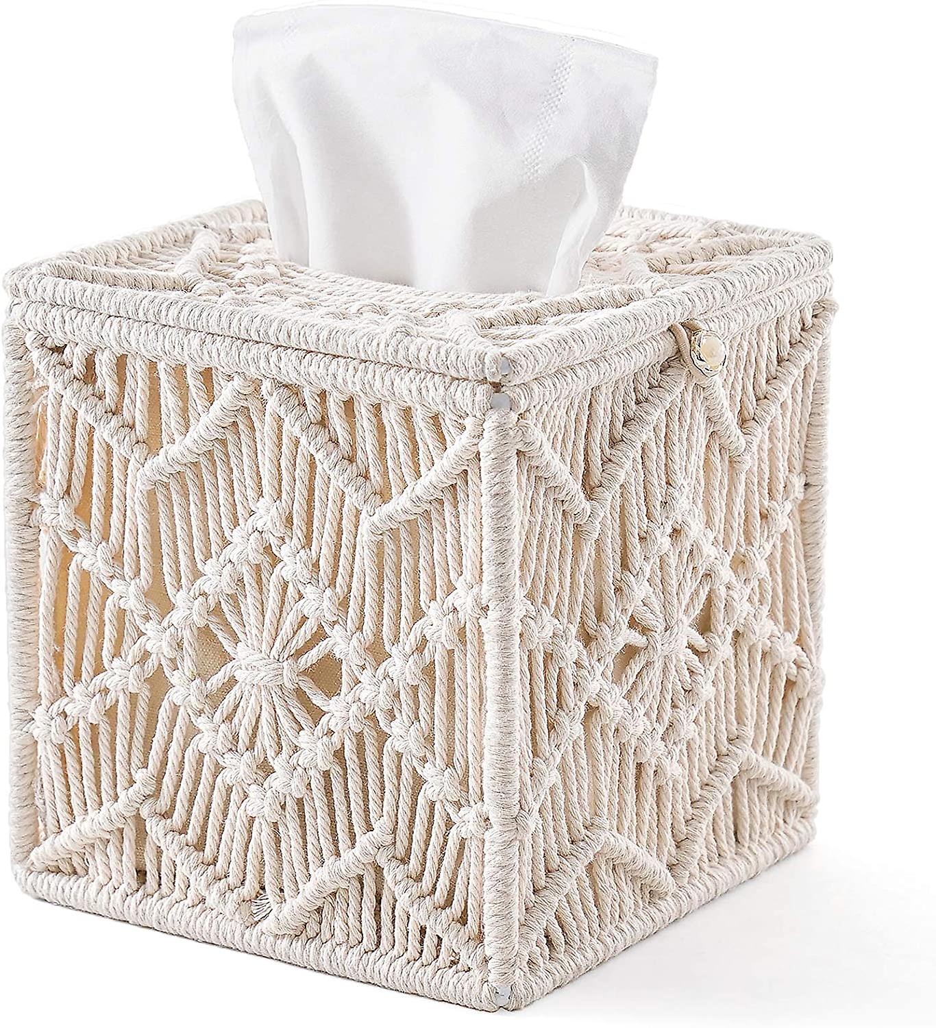 Tissue Box Cover Boho Decor Square Paper Tissue Holder With Bead Buckle Macrame Napkin Tissues Organizer Home Decor For Bathroom Bedroom Dresser Livin