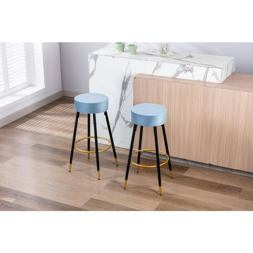 HOMEFUN 30 in. Light Blue Metal Frame Bar Stool with Velvet Seat (Set of 2) HFHDOF-052LB