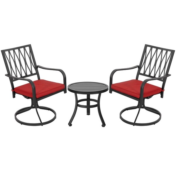 Nuu Garden 3Piece Outdoor Patio Bistro Set，Swivel Chairs with Red Cushions and Round Iron Bistro Table，Black