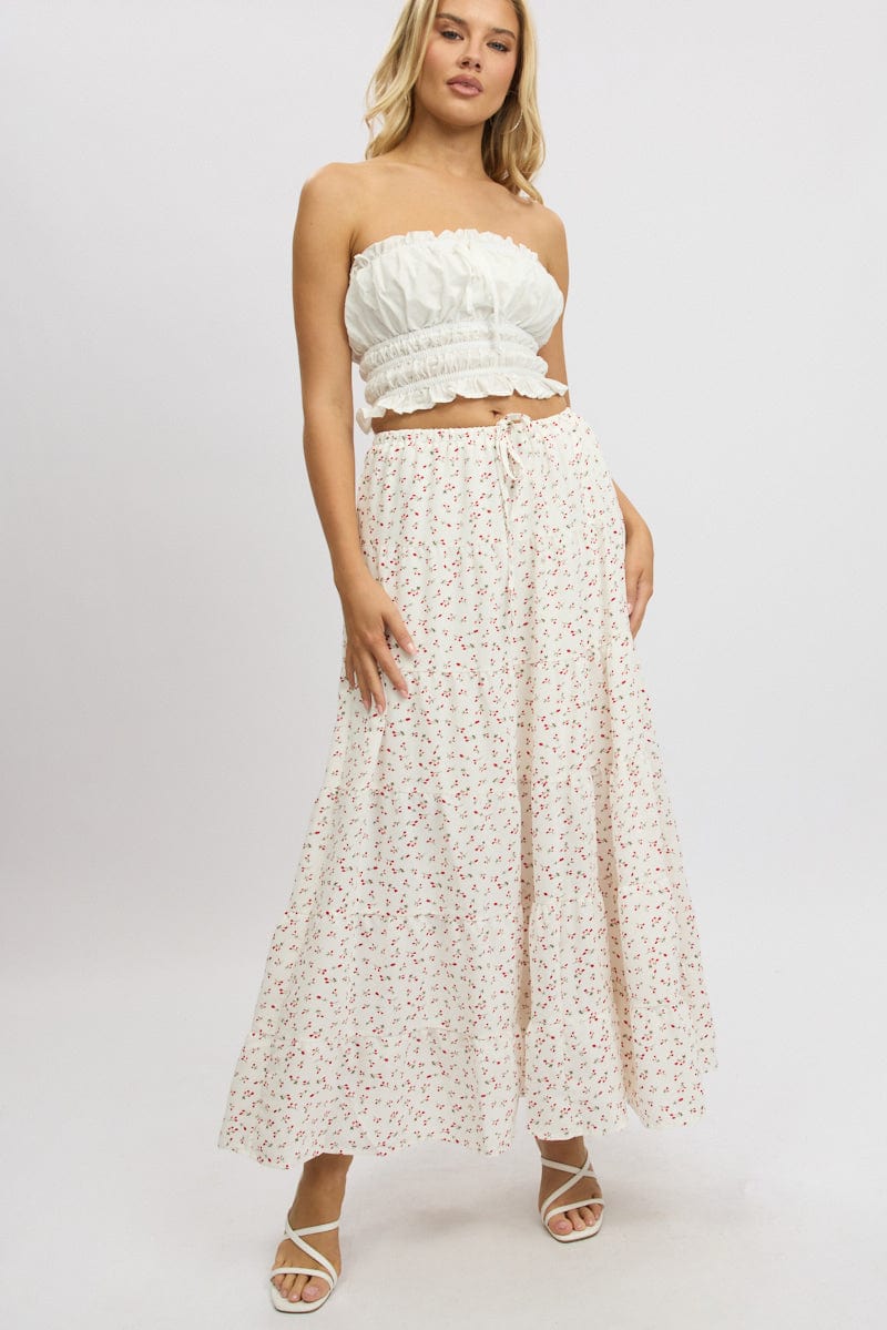 White Ditsy Maxi Skirt Tiered High Rise