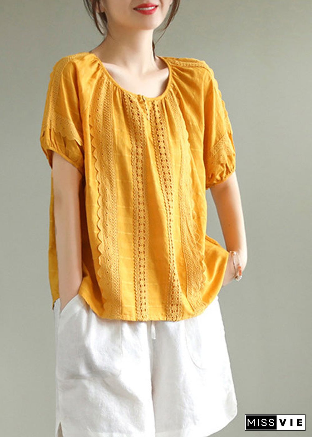 DIY Yellow Lace Patchwork Cotton Shirts Short Sleeve